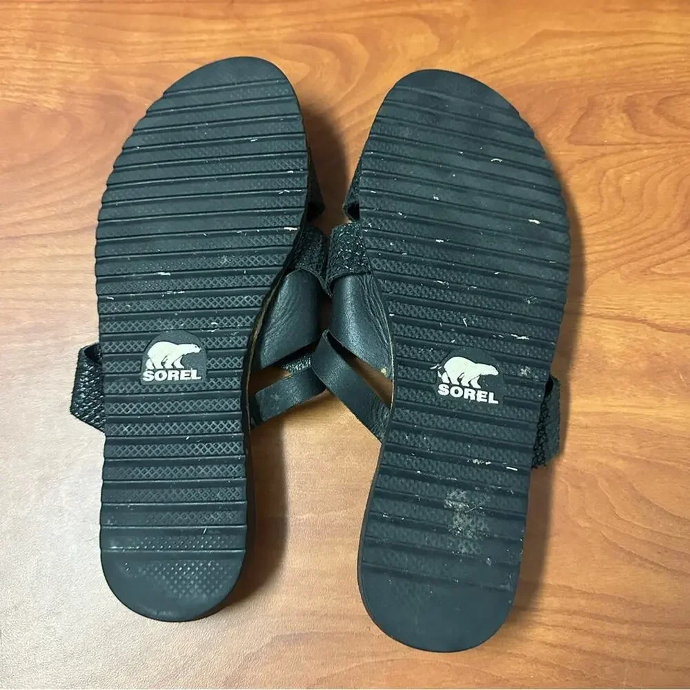 SOREL Ella Woven Leather Slide Sandals Flats Embossed Snakeskin Black Size 7.5